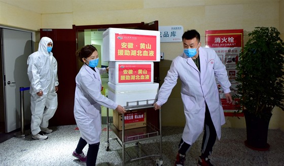 Zdravotníci v ochranných roukách peváí krevní testy v ínském Wu-chanu, kde...