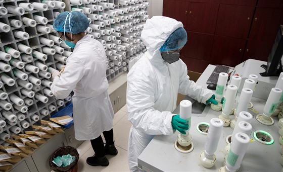 Zdravotníci v ochranných od�vech p�ipravují tradi�ní �ínskou medicínu pro...