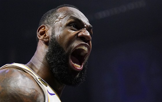 LeBron James z LA Lakers si uívá svou trefu proti LA Clippers.