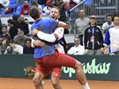 Jií Veselý a Luká Rosol slaví eské vítzství v kvalifikaci Davis Cupu.