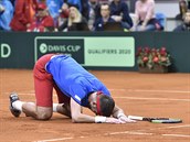 Český tenista Jiří Veselý poté, co získal rozhodující bod v kvalifikaci Davis...