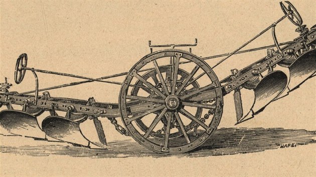 Pluh používaný k parní lanové orbě (Ilustrovaná nauka o polním hospodářství, 1902)