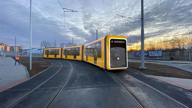 Vize autonomn bateriov tramvaje pro rok 2050, jak si ji na nov trati na Borsk Pole pedstavuj studenti Zpadoesk univerzity v Plzni Tom Cibulka a Tereza Mach. (2. bezna 2020)