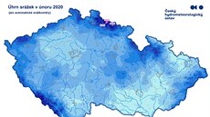 Ti stanice v Krkonoích namily pes 300 mm sráek za únor 2020. Mapa je...