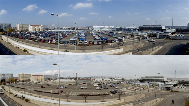 Srovnání jak vypadalo zaměstnanecké parkoviště mladoboleslavské Škody Auto před pozastavením výroby a poté. (18. a 19. března 2020)