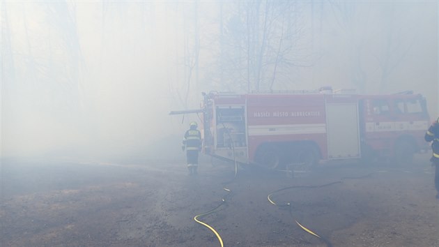 S porem lesa u obce Holkovy bojovali hasii est hodin. Ohe zaplil drt vysokho napt a situaci komplikoval vtr.