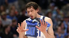 Boban Marjanovi� z Dallasu la�kuje b�hem povedeného zápasu s Denverem.