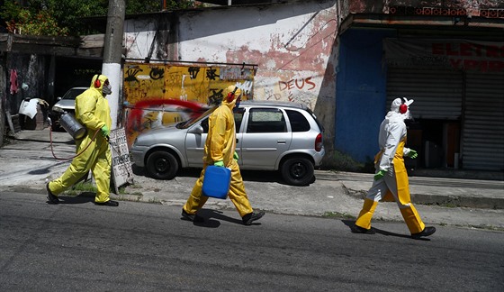 Pracovníci v ochranném odvu dezinfikují ulice Rio de Janeira jako ochranu...