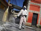 Pracovník v ochranném oděvu čistí ulice Rio de Janeira. (25. března 2020)