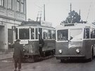 Trolejbus Vetra std v roce 1948 tramvaje na konci Prask tdy, kter se v...