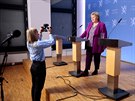 Norská pedsedkyn vlády Erna Solbergová na tiskové konferenci urené dtem...