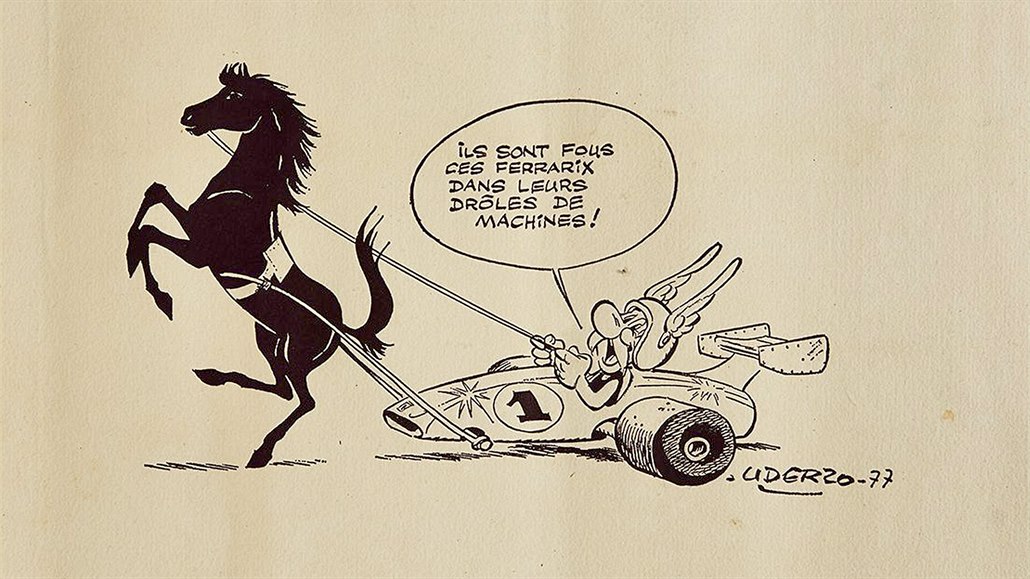Asterix řídí Ferrari, litografie od Alberta Uderza