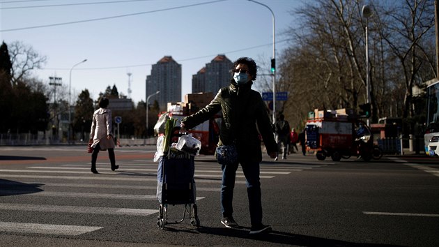 ena s roukou na cest z nkupu v nskm Pekingu  (27. bezna 2020)