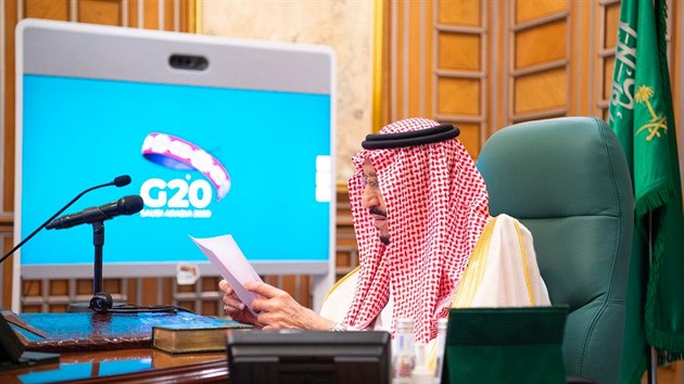 Jednání skupiny G20 o pandemii nového typu koronaviru proběhlo z bezpečnostních důvodů prostřednictvím videokonference. Na snímku král Saúdské Arábie Salmán bin Abd al-Azíz. (26. března 2020)