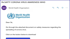 Ukázka podvodné zprávy zneužívají jméno Světové zdravotnické organizace.