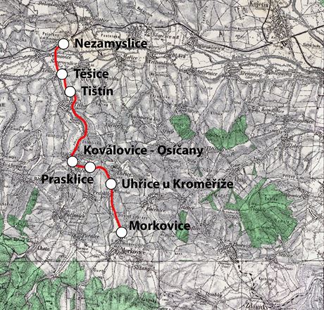 Mapa trati mezi Nezamyslicemi a Morkovicemi