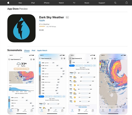 Aplikace Dark Sky v iOS obchodu App Store.