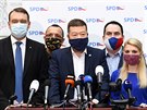 éf poslanc SPD Radim Fiala (zleva), poslanec Jaroslav Foldyna, pedseda SPD...