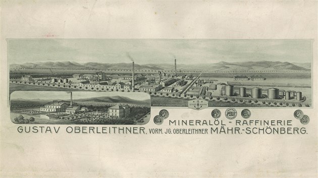 Grafika z prvn poloviny 20. stolet zachycuje vikovsk arel rafinrie minerlnch olej Gustava Oberleithnera.