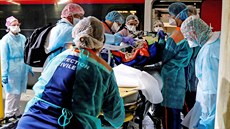 Zdravotnický personál peváí pacienta infikovaného COVID-19 ve Francii. (1....