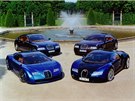 Zleva doprava: Bugatti 18/3 Chiron, EB218, EB118, Bugatti Veyron