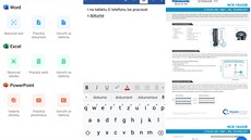 Nabidka Microsoft Office, psaní textu ve Wordu, PDF dokument otevený v Adobe...