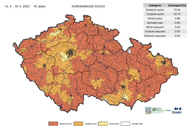 Mapa České republiky s agronomickým suchem mezi 14. až 19. dubnem