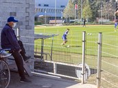 Fanouek olomoucké Sigmy v rouce sleduje trénink.