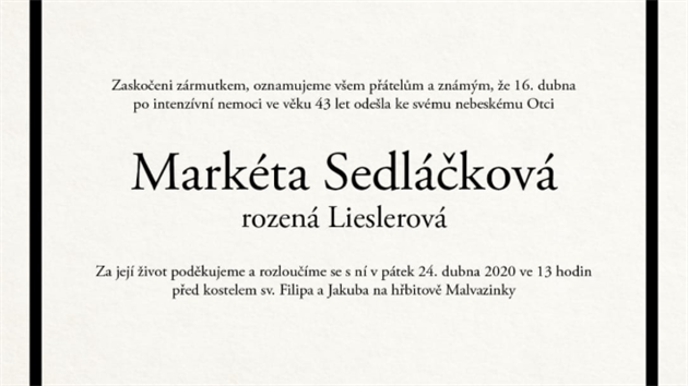 Smuten oznmen o mrt Markty Sedlkov