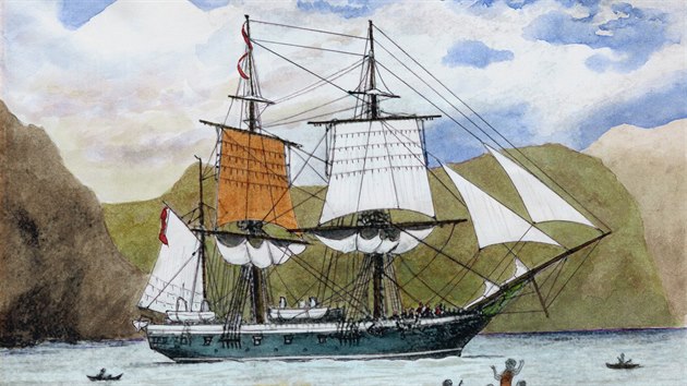 Britská plachetnice Beagle u pobřeží Jižní Ameriky. Darwin vstoupil do posádky 27. prosince 1831 jako neplacený přírodovědec na pětiletou plavbu. Expedice studovala hlavně jihoamerické pobřeží, sbírala hydrologická, geologická a meteorologická data.