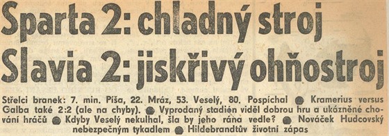 Novinov titulek o derby Sparta - Slavia z roku 1965.
