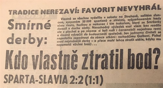 Novinov titulek denku Mlad fronta o derby Sparta - Slavia z roku 1965.