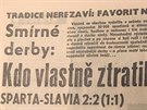 Novinový titulek deníku Mladá fronta o derby Sparta - Slavia z roku 1965.