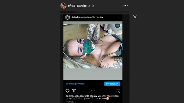 Pornoherečka Daisy Lee nabízela na Instagramu roušky ve výprodeji za 230 korun + poštovné 70 korun (29. dubna 2020)