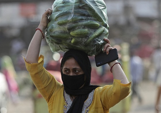 ena se zakrytými ústy a nosem nese zeleninu z trhu v Indii. (2.kvtna 2020)