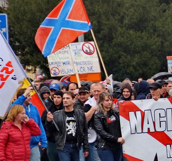 etí nacionalisté pi pochodu Brnem v roce 2015.  Vlajka v popedí je symbol...