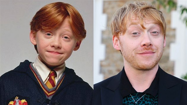 Herec Rupert Grint v roce 2001 na promo fotografii k filmu Harry Potter a Kmen mudrc a v civilu v roce 2018