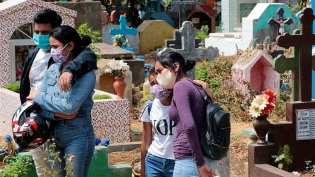 Příbuzní se ve městě Managua v Nikaragui dostavili na pohřeb muže, který zemřel s podezřením na koronavirus. (9. května 2020)