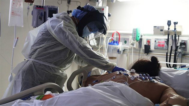 Zdravotnk oetuje pacienta s nemoc covid-19 na jednotce intenzivn pe v kalifornsk nemocnici. (13. kvtna 2020)