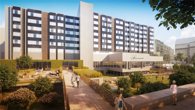 Vizualizace rekonstrukce hotelu InterContinental, pohled z nábřeží (7. listopadu 2019)