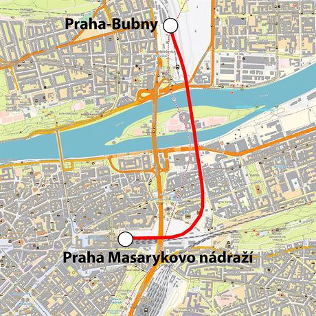 Mapa trati 120 s Negrelliho viaduktem mezi stanic Praha-Bubny a Masarykovm...