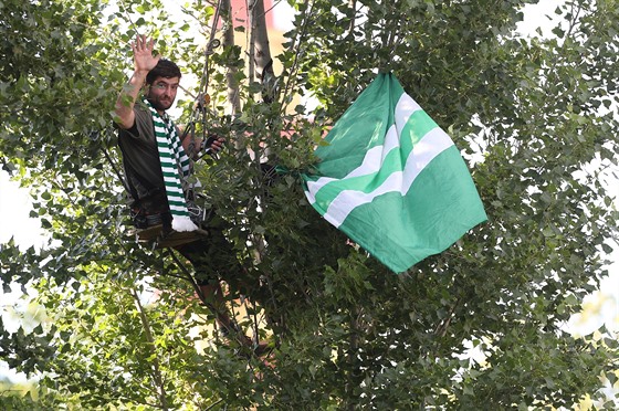 Jeden z fanoušků Bohemians sledoval ligové utkání proti Teplicím ze stromu.