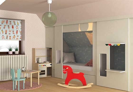 Vizualizace: Vestavěná postel díky dalším doplňkům funguje i jako „hračka: v...