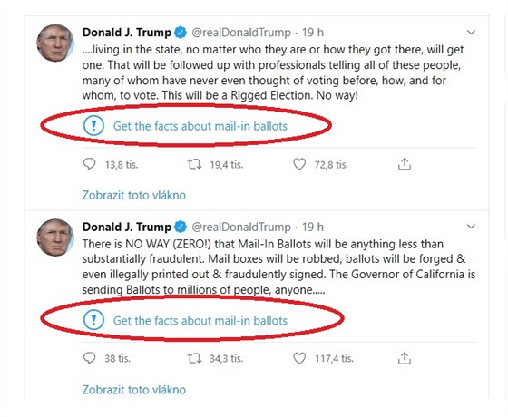 Tweety Donalda Trumpa, u kterých Twitter doporučuje (červeně označené), aby si...