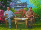 A tady jsou oba údajní nadlidé pospolu, vlevo Kim Ir-sen, vedle nj jeho syn...