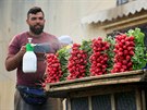 Prodava zeleniny na trhu v libanonském Sidonu. (6. kvtna 2020)