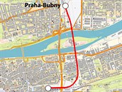 Mapa trati 120 s Negrelliho viaduktem mezi stanicí Praha-Bubny a Masarykovým...