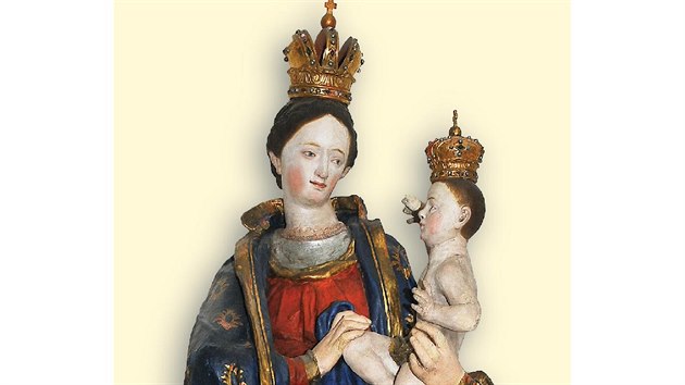 Panna Maria s Ježíškem vyrobená z papírmašé z 1. poloviny 17. století. Vysoká 185 centimetrů.