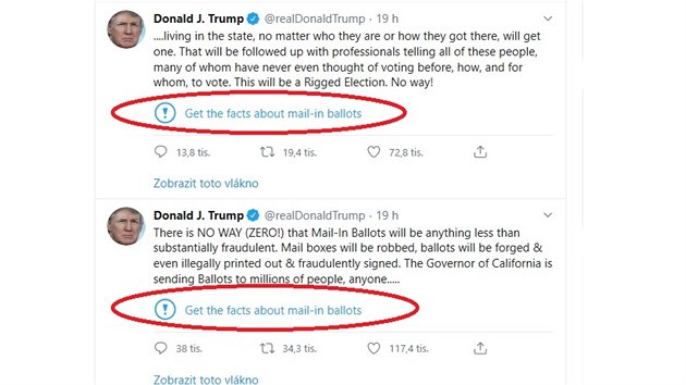 Tweety Donalda Trumpa, u kterých Twitter doporučuje (červeně označené), aby si čtenáři ověřili fakta.