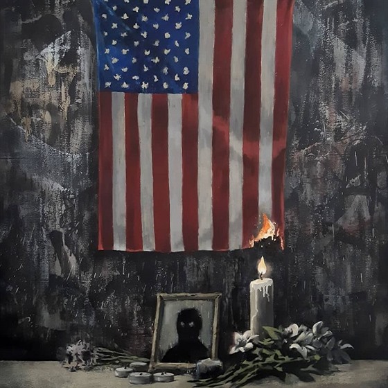 Banksyho dílo se svíkou podpalující americkou vlajku